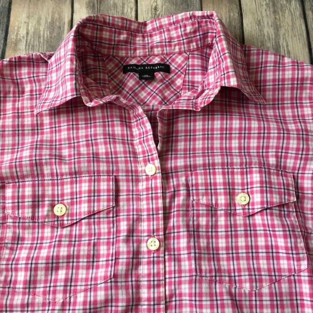 Banana Republic Plaid Oxford Shirt Women XS 0 2 Cotton Button Up Top Pink White - Picture 2 of 5